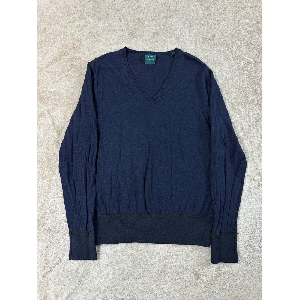 Kent and Curwen Sweater Mens Size L  Navy Blue Wool Silk Cashmere V-Neck‎ EUC